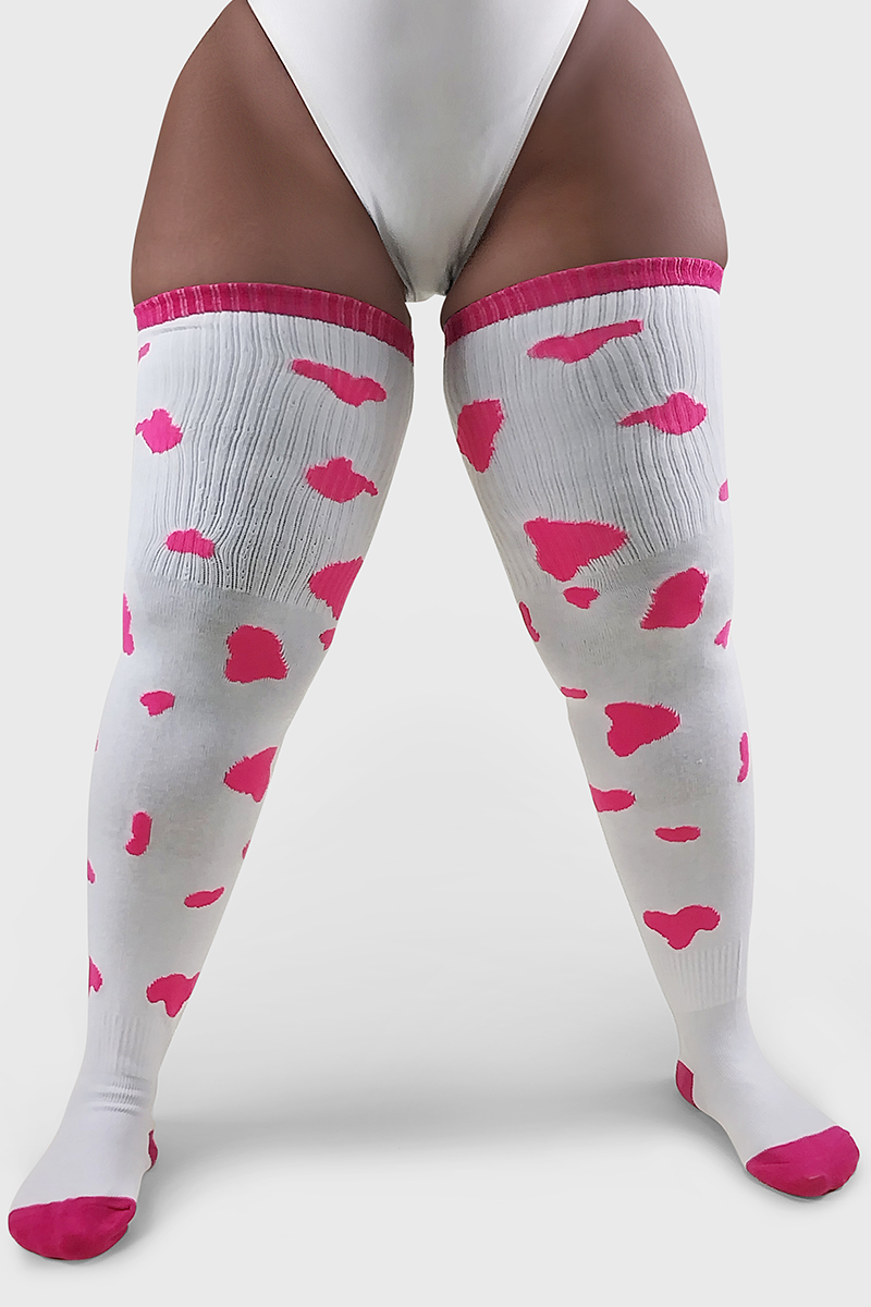 Thunda Tūbbies - Cow Print (White w/Neon Pink Spots)